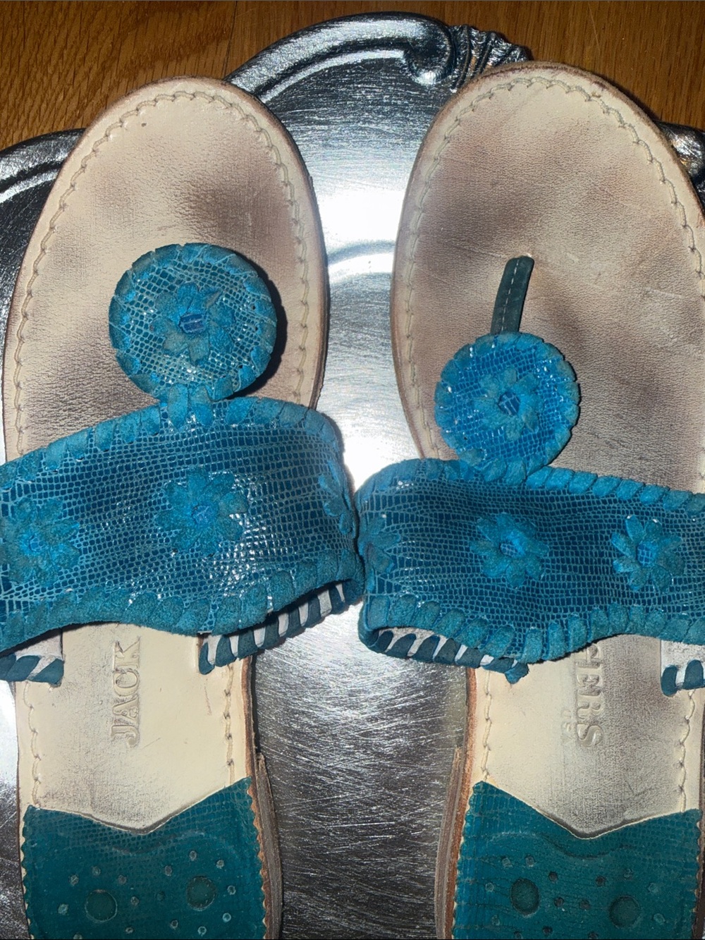 Jack Rogers Teal Leather Toe-Post Sandals - Picture 4 of 5